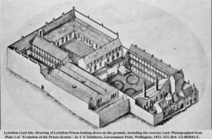 Drawing of Lyttelton Prison looking down on the grounds, including the exercise yard. Alexander Turnbull Library, Wellington  