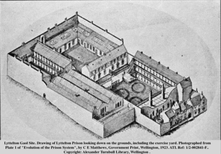 Drawing of Lyttelton Prison looking down on the grounds, including the exercise yard. Alexander Turnbull Library, Wellington  