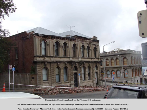 Photo shows the earthquake damage to the Lyttelton council chambers. The library and information centre can also be seen. 