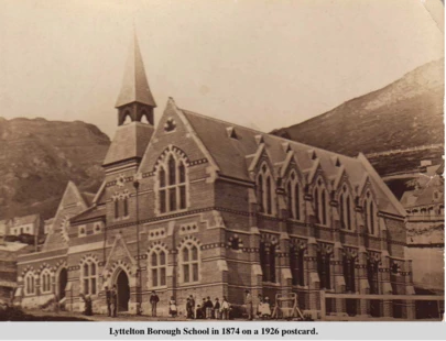Lyttelton School in 1874 shown on a 1920s postcard 