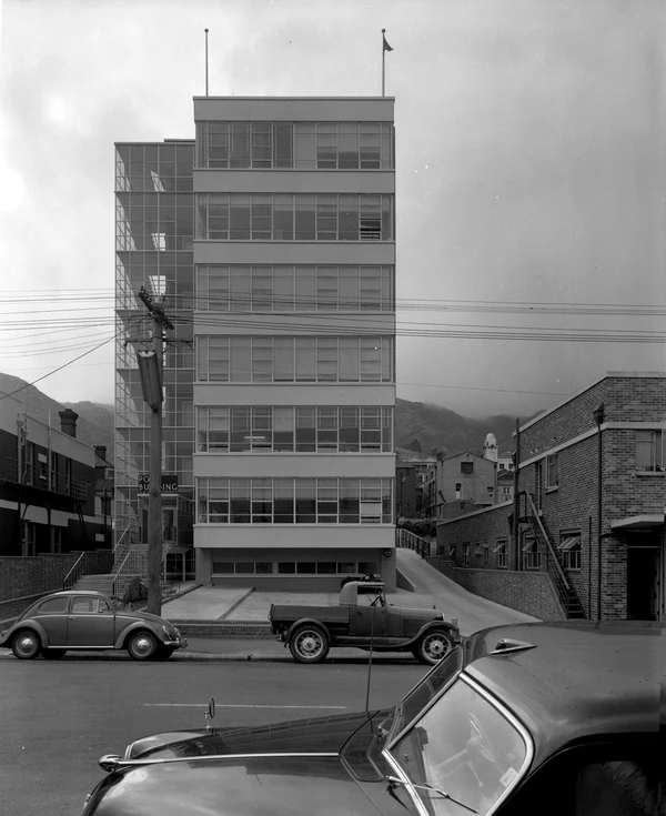 black and white image of Shadbolt house on Norwich Quay, Lyttelton