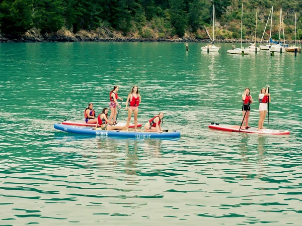 green sea with 3 paddle boards and 7 people sitting and standing on them with boats in the background