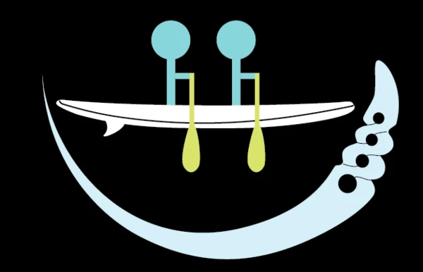 two figures on a paddle board over a crescent maori design