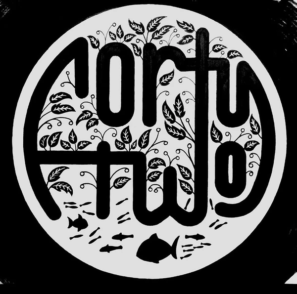 black writing forty two inside a circle