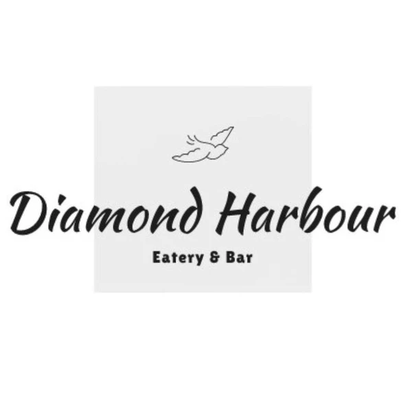 Black writing Diamond Harbour eatery and bar with a bird