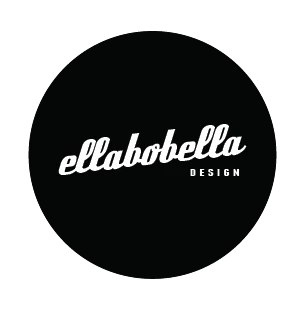black circle with Ellabobella design in whits across the centre