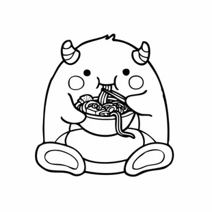 blak and white round creature with horns eating noodles out of a bowl