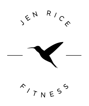 Jen Rice fitness in a circle around the black image of a hummingbird