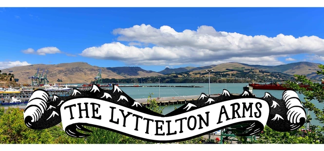 image of Lyttelton Harbour with Lyttelton Arms logo in the foreground