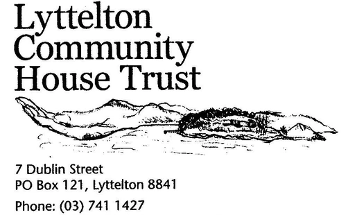 lyttelton community house details in balck writing with an image of the port hills