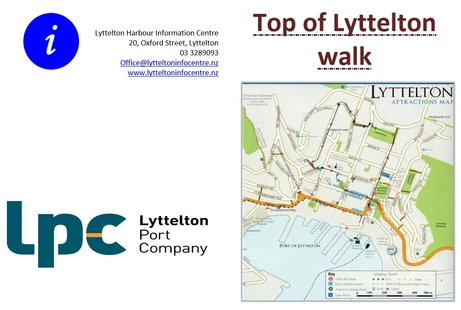 address of Lyttelton information centre on left and map with walk route of Lyttelton
