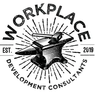 black smith horse sketch and hammer with Workplace development consultants in black in circle around