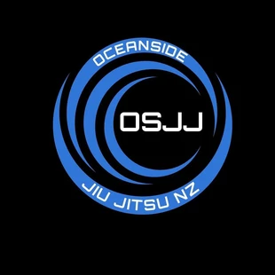 black square with blue lines creating a circle and Oceanside jiu jitsu in white