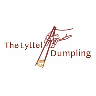 Red writing and a hand with chop sticks saying Lyttel dumpling