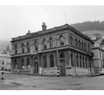 black and white picture of the old council building in Lyttelton made of stone