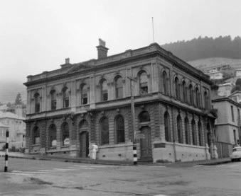 black and white picture of the old council building in Lyttelton made of stone