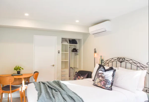 Bedroom view with door to kitchen area closed