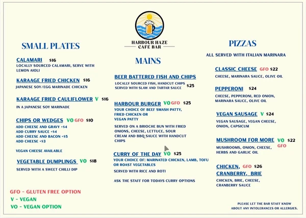 Harbour Haze - lunch and dinner menu