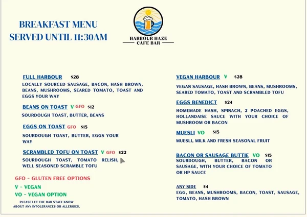 Harbour Haze Breakfast Menu