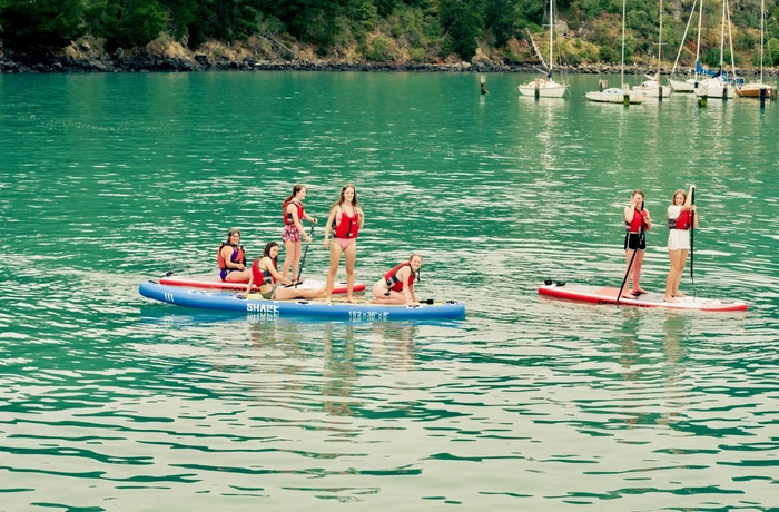 green sea with 3 paddle boards and 7 people sitting and standing on them with boats in the background