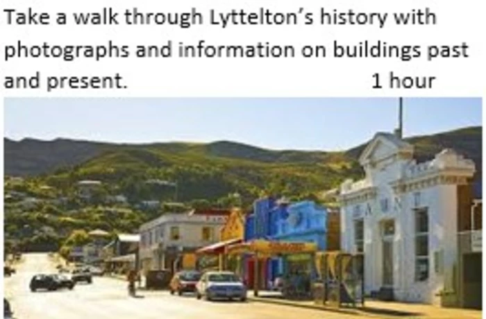 Photograph along Lyttelton's London street looking west to the port hills text written above