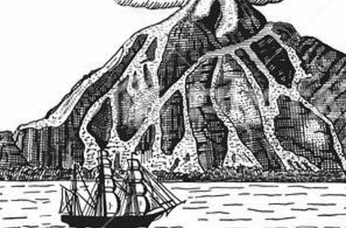 black and white volcano drawing with a boat in front of it