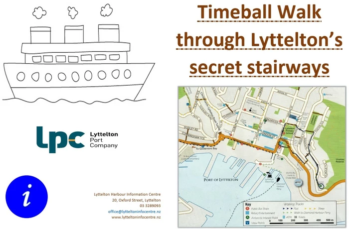 drawing of boat on left and map of Lyttelton timeball walk on right