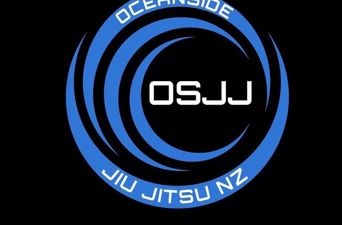 black square with blue lines creating a circle and Oceanside jiu jitsu in white